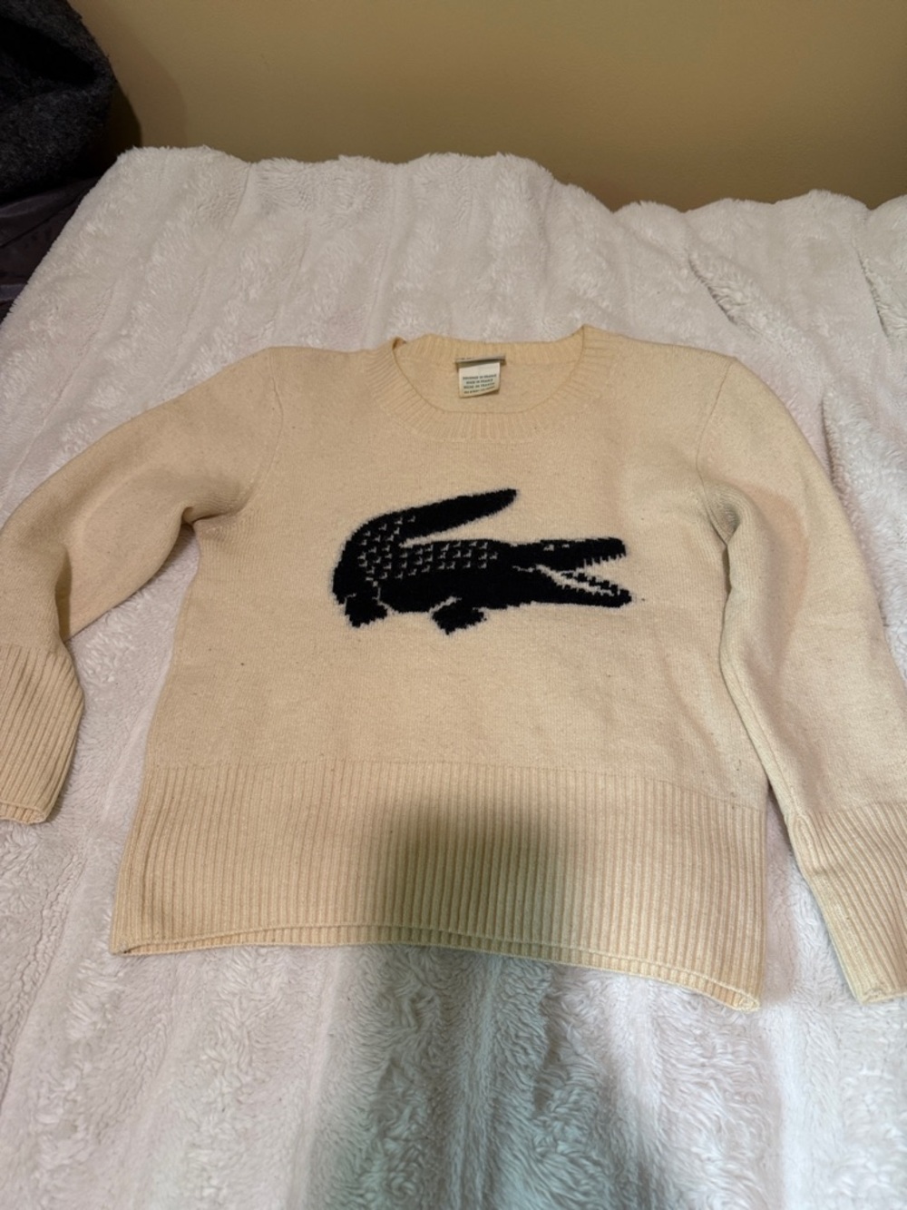 Lacoste Cream Crewneck Sweater with Black Croc Motif